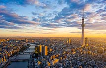 Photo of Tokyo city in the evening with the Tokyo tower in the distance.