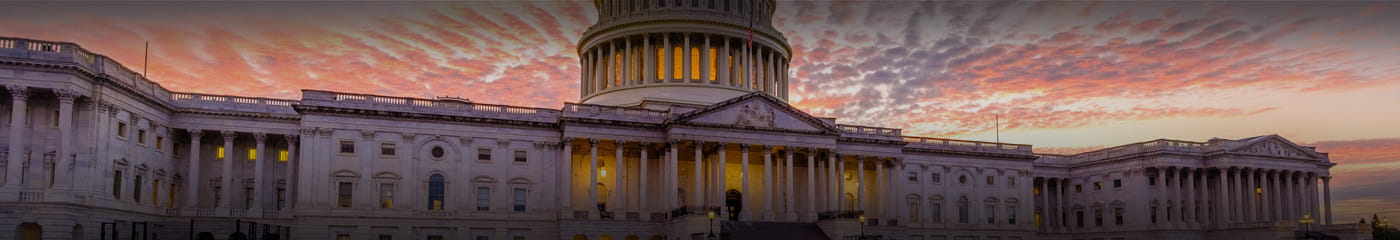View of U.S. government building at sunset.