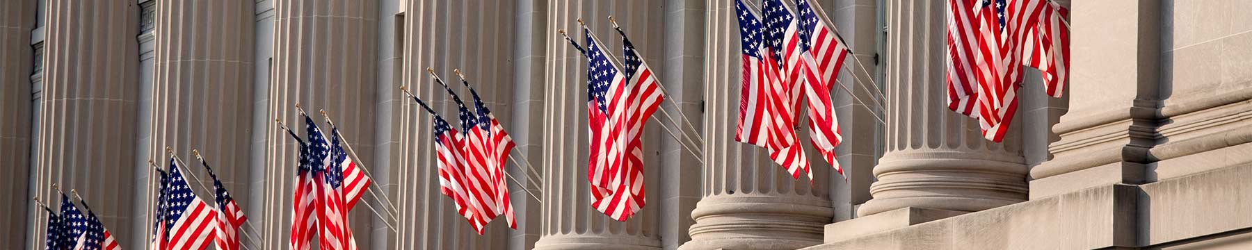 American flags hanging near the columns of the U.S. capitol building.