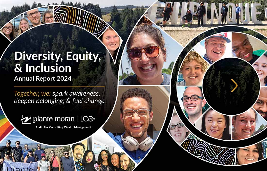 Collage of Plante Moran staff with overlay of PM logo, text reading "Diversity, Equity & Inclusion Annual Report 2024. Together we: spark awareness, deepen belonging, and fuel change."