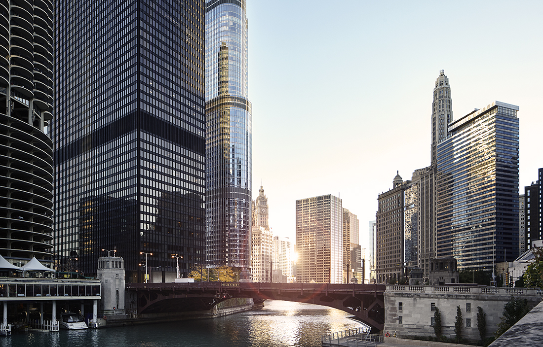 Image of Chicago skyline with sun setting