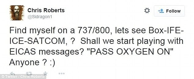 Image of Tweet from Chris Roberts about hacking airplane networks