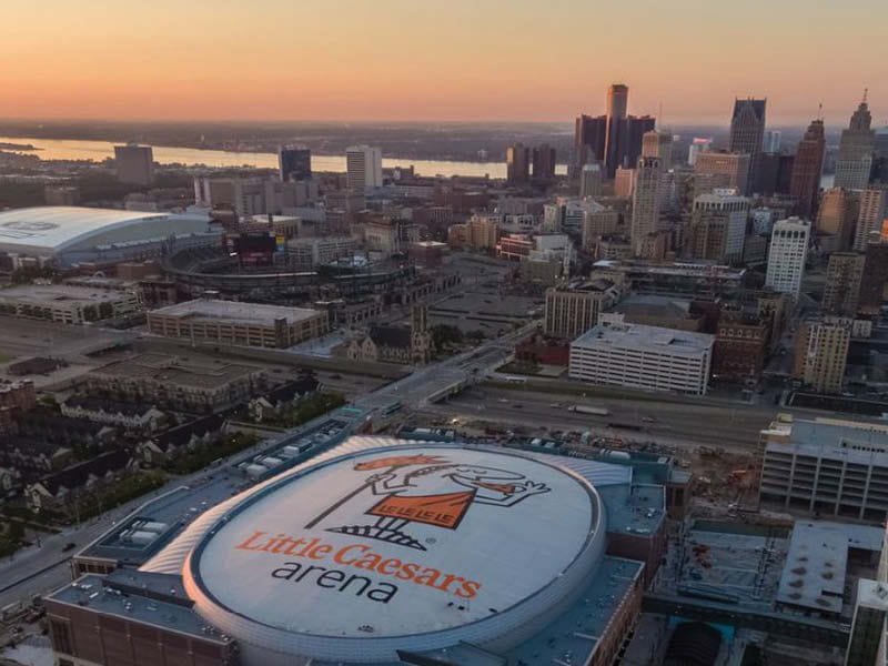 Aerial view of Little Caesars Arena.