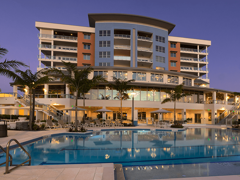 Building over pool at night