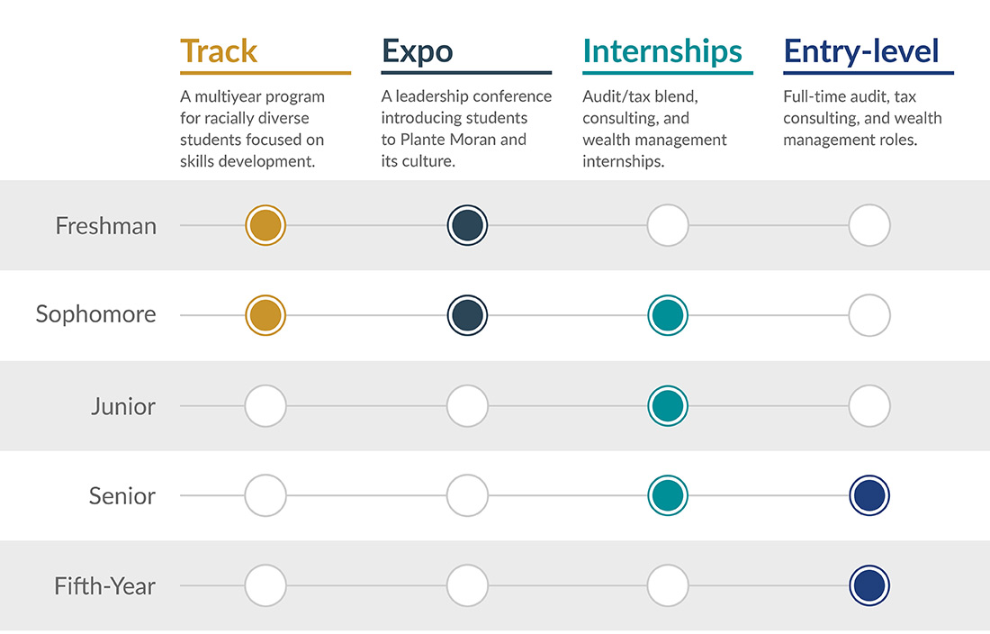 Graphic depicting opportunities at Plante Moran for college students of various grades.