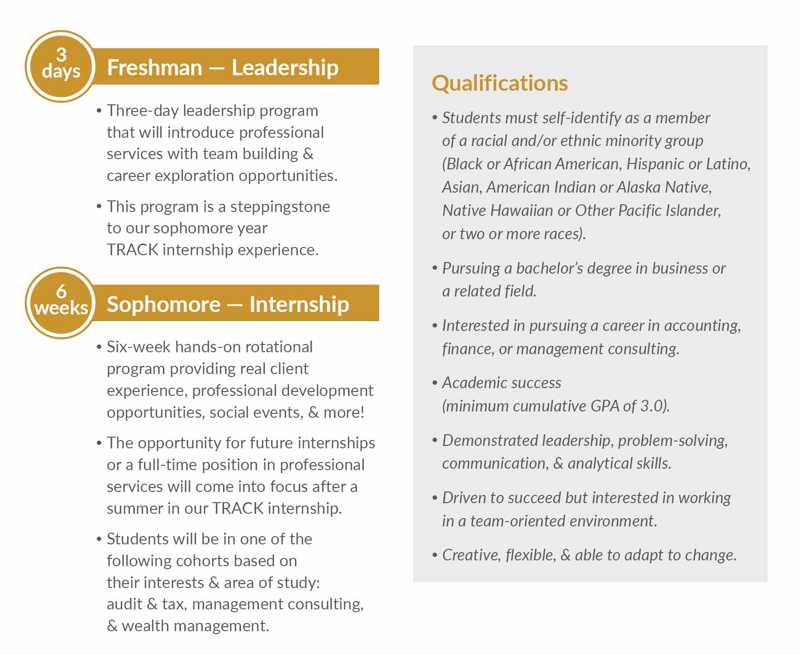 Plante Moran recruitment timeline and steps for Freshman and Sophomores.