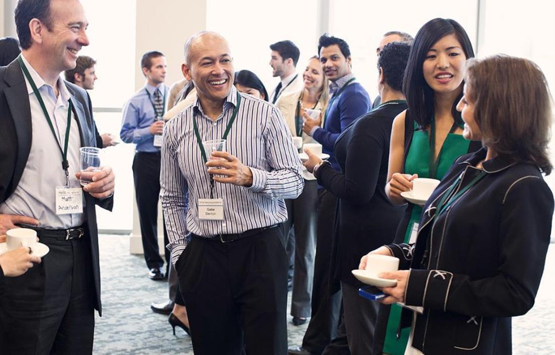 Professionals networking at a mixer