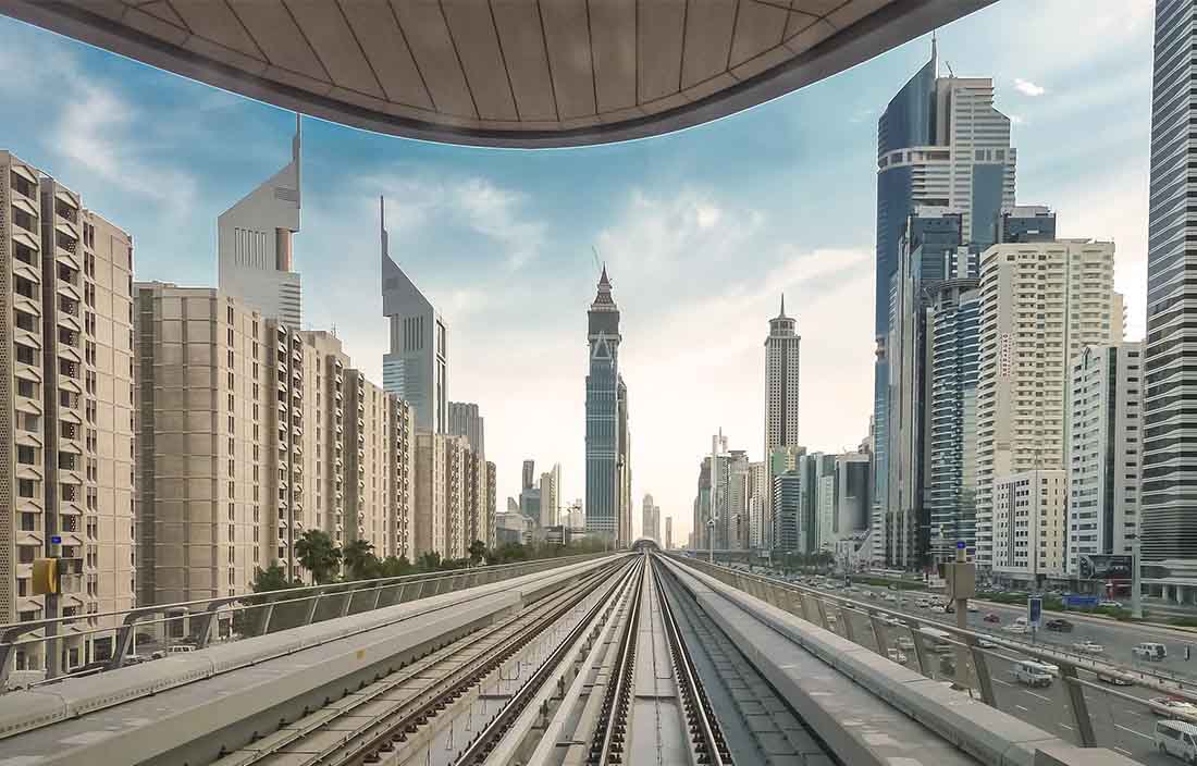 View of a modern city scape from train tracks 