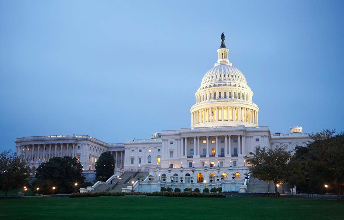 U.S. Capitol building in the evening.