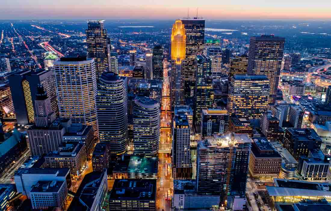 Aerial view of a city at night.