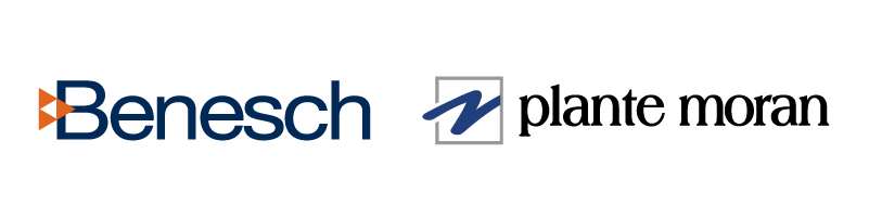 Logo lockup of Benesch and Plante Moran.