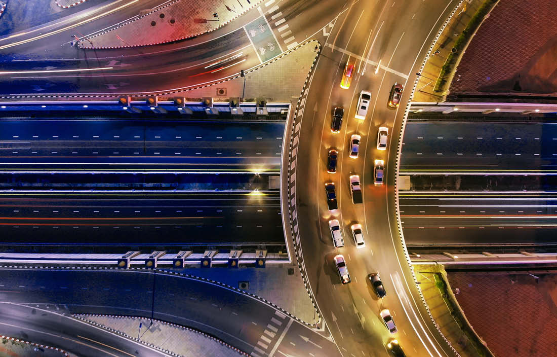 Top-down view of a highway road system