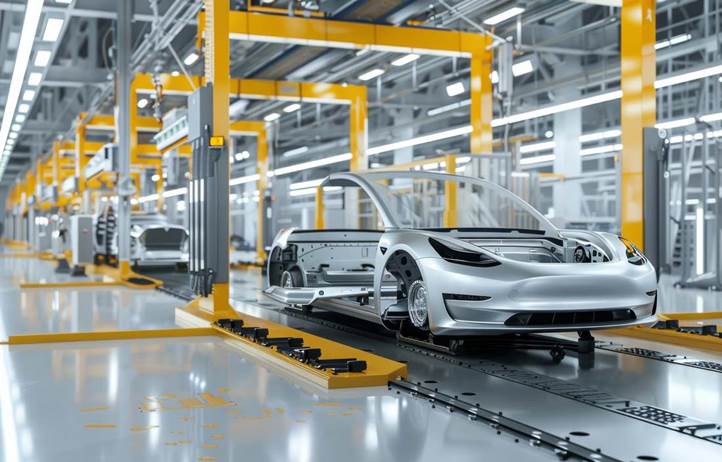 Automobile being assembled in a factory.