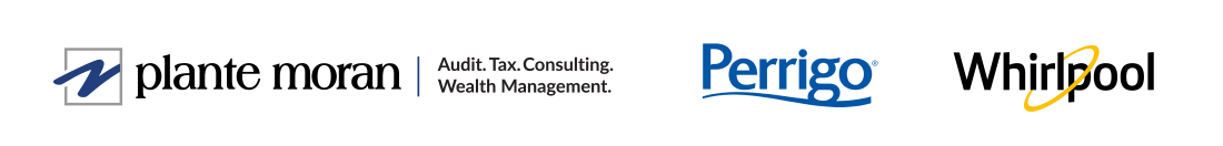 Plante Moran, Perrigo, and Whirlpool logo lockup.