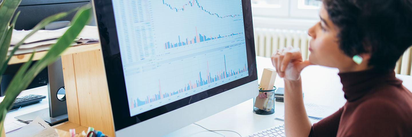 Person looking at charts and graphs on their computer screen.