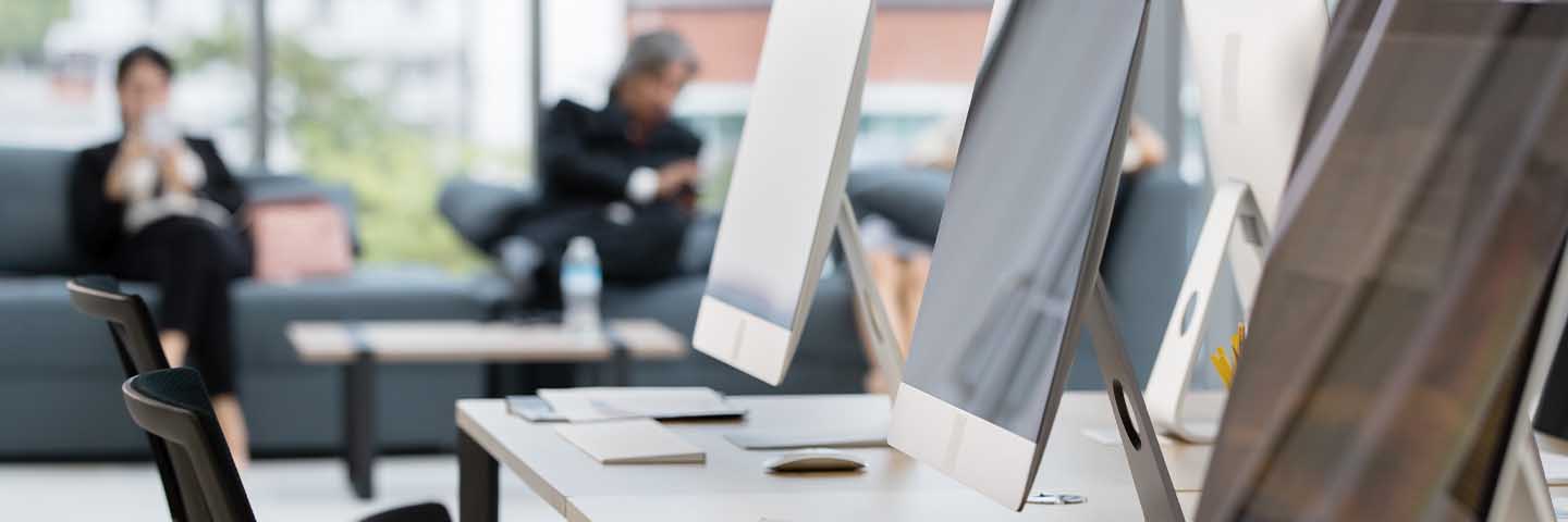 Computers in a modern office space.