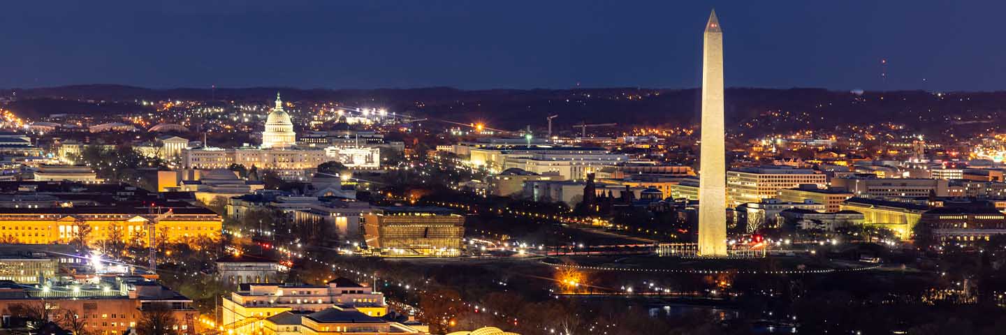 Aerial view of Washington D.C. at night.
