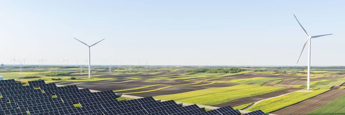 Solar panels and windmills.