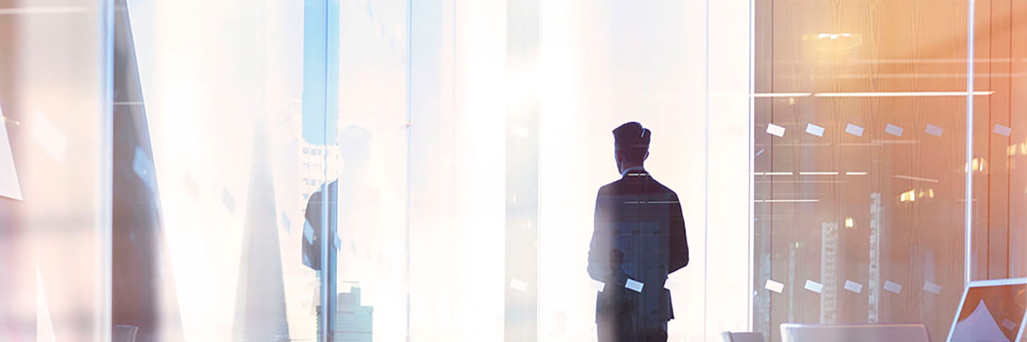 Business professional standing in an office next to the window.