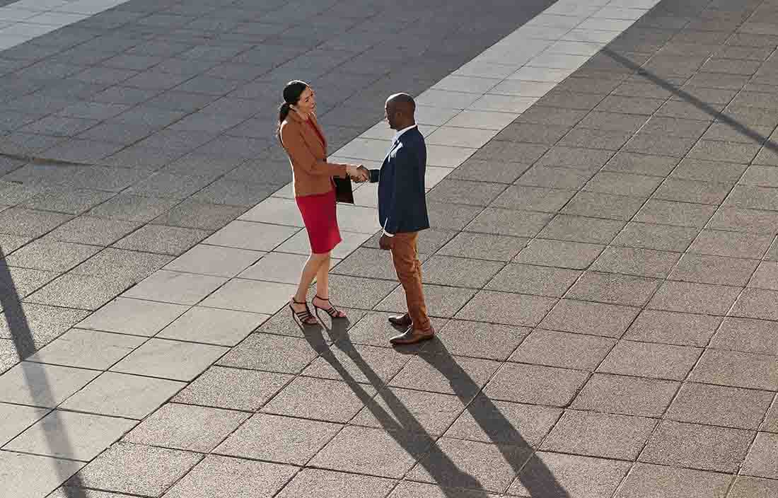 Two business people shaking hands.