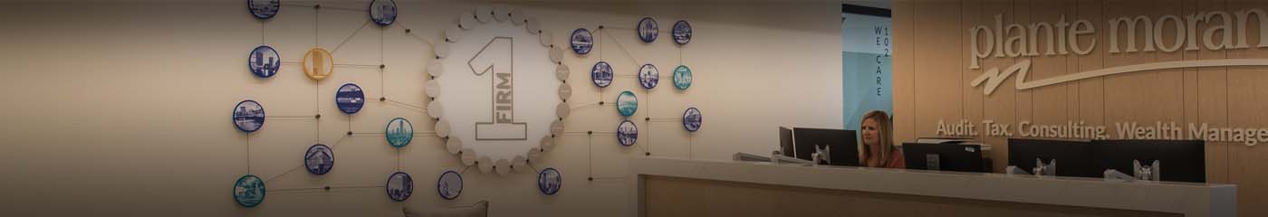 View of Plante Moran's front lobby area in the Southfield office headquarters.