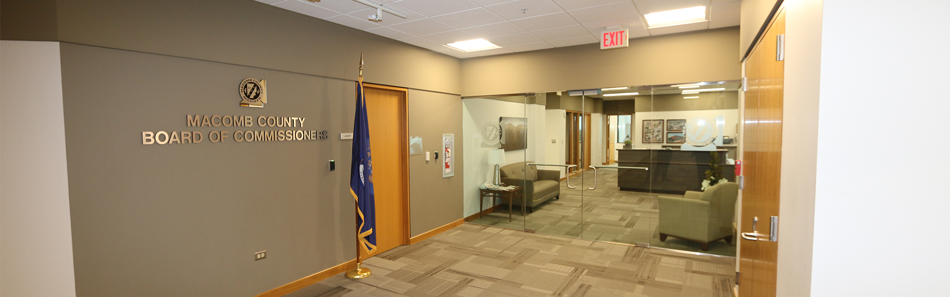 Interior of Macomb County Board of Commissioners lobby.