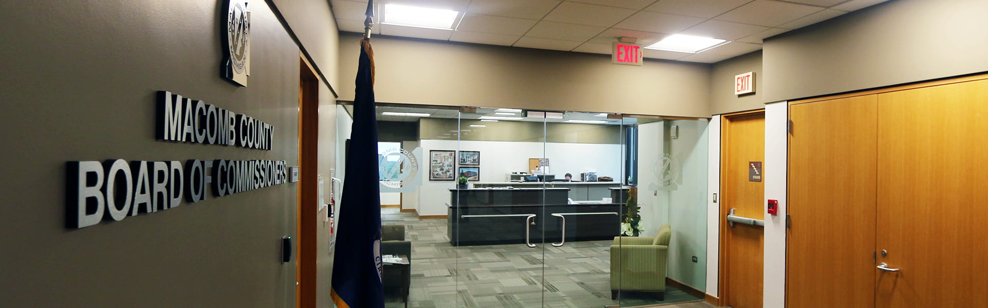 Interior of Macomb County Board of Commissioners lobby and hallway.