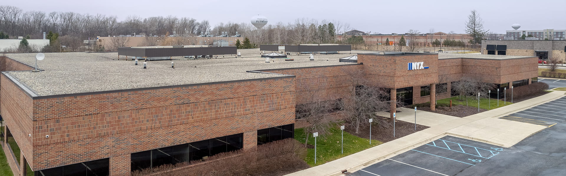 Aerial view of NYX office building.