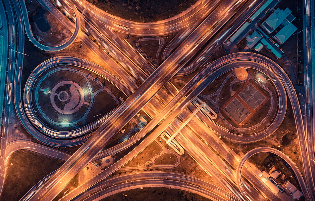 Birds-eye view image of complex highway interchanges