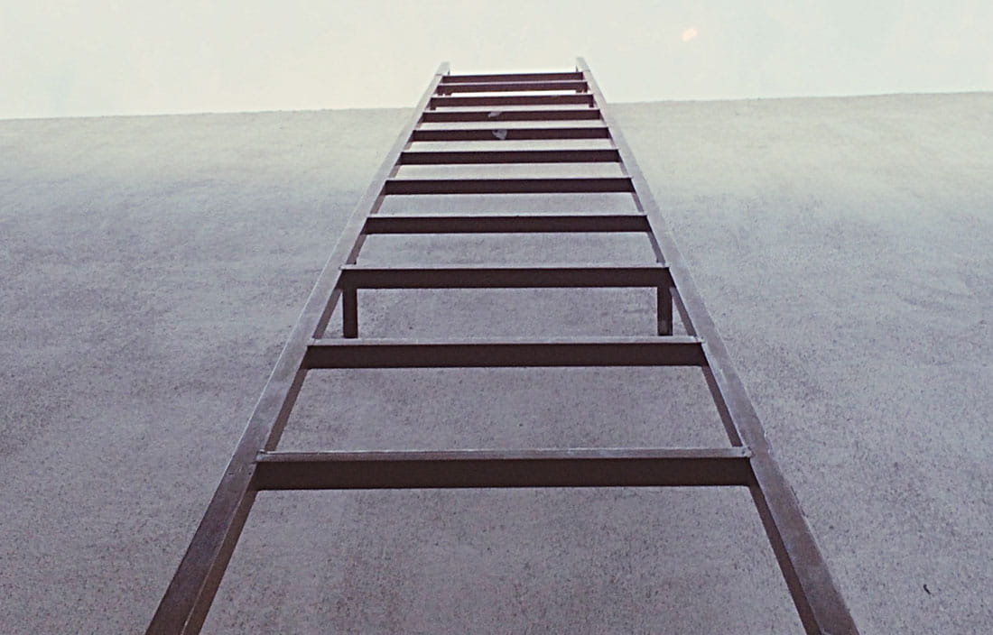 Image of ladder extending up the side of a building.