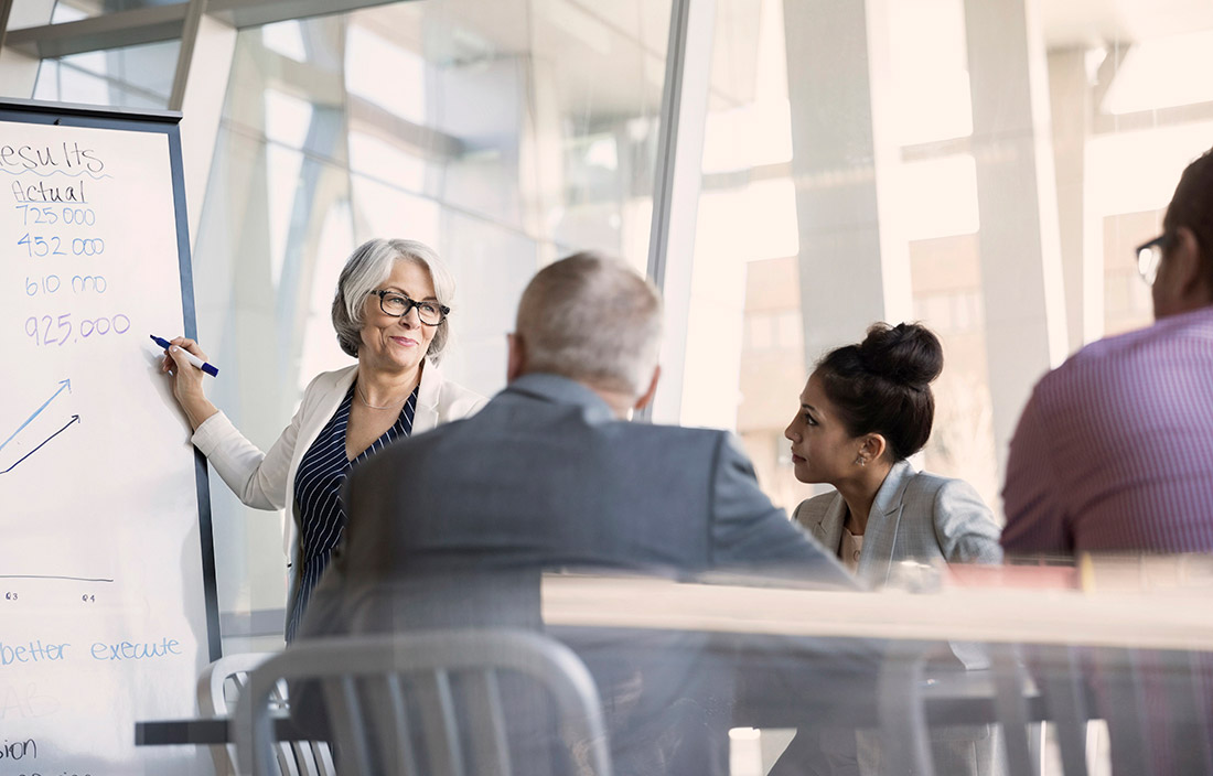 Business professionals using a whiteboard in a meeting