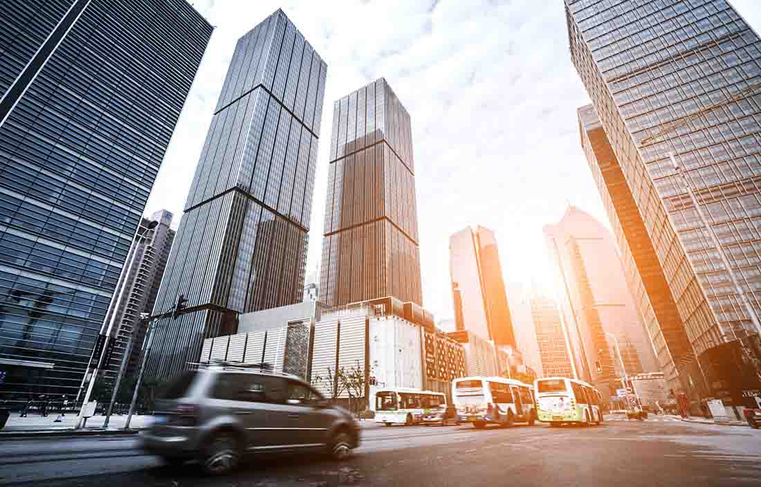 Image of city skyscrapers and traffic.