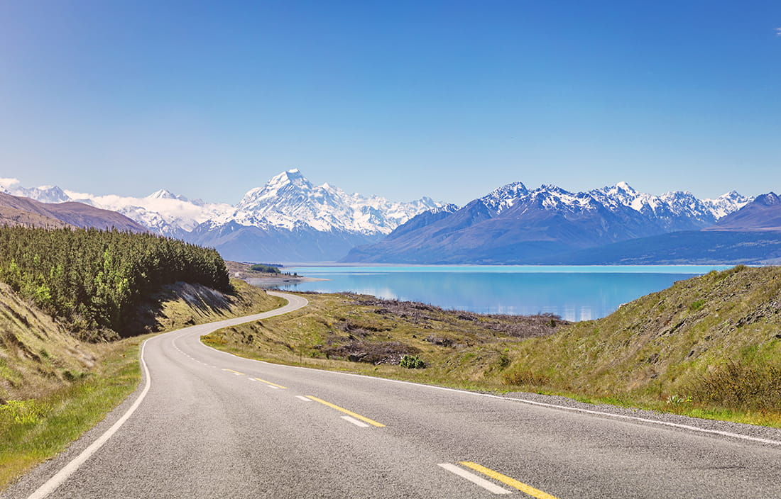 Scenic image of a road, mountains and lake