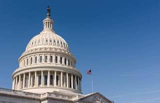 View of the top of the U.S. Capitol building.