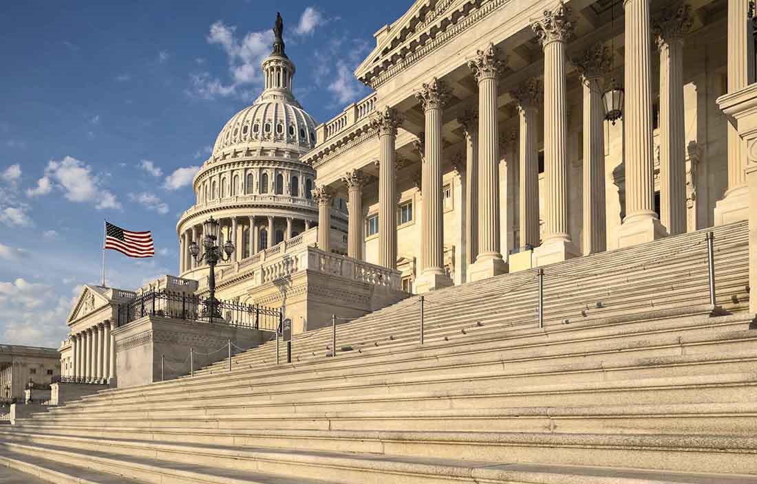 View of the U.S. capitol building steps and American flag.