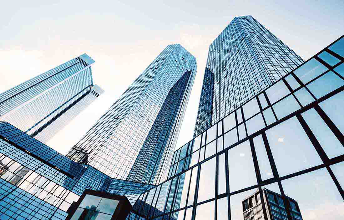 View of skyscraper buildings looking up at an angle.