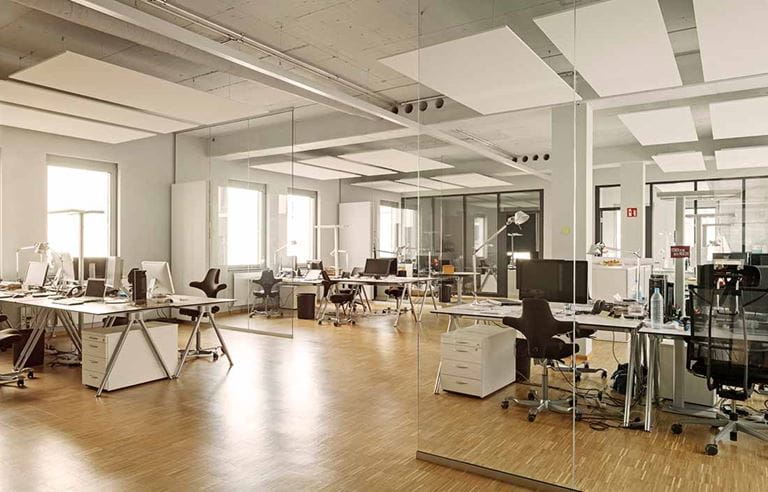 View of an empty office space/corporate work environment.
