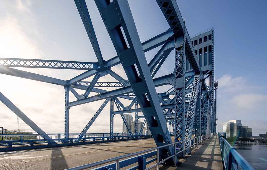 Close-up view of a steel bridge.