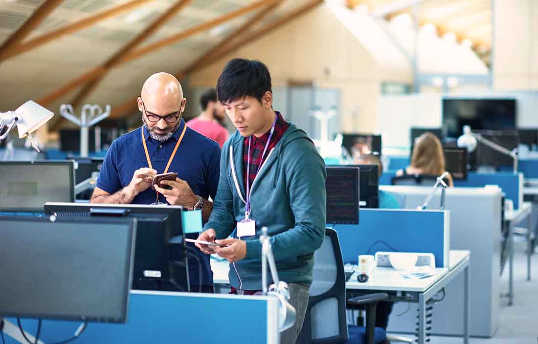 Two IT professionals standing next to their cubicle desks.