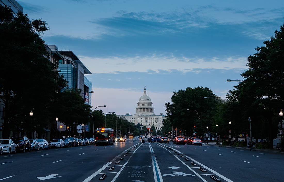 View of U.S. Capitol at dusk.