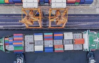 Aerial view of a shipping yard.