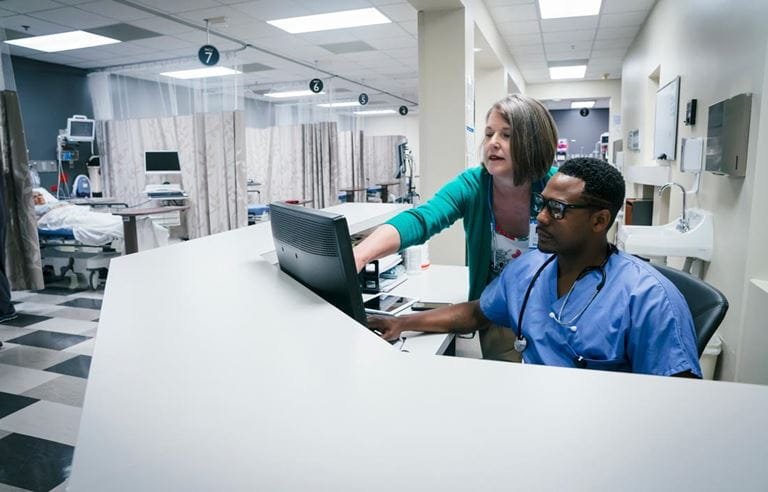 Medical professionals looking at their computer.