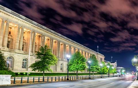 Government building at night.
