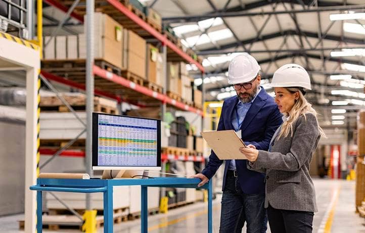 Female engineer and male project manager standing in modern industrial factory by computer
