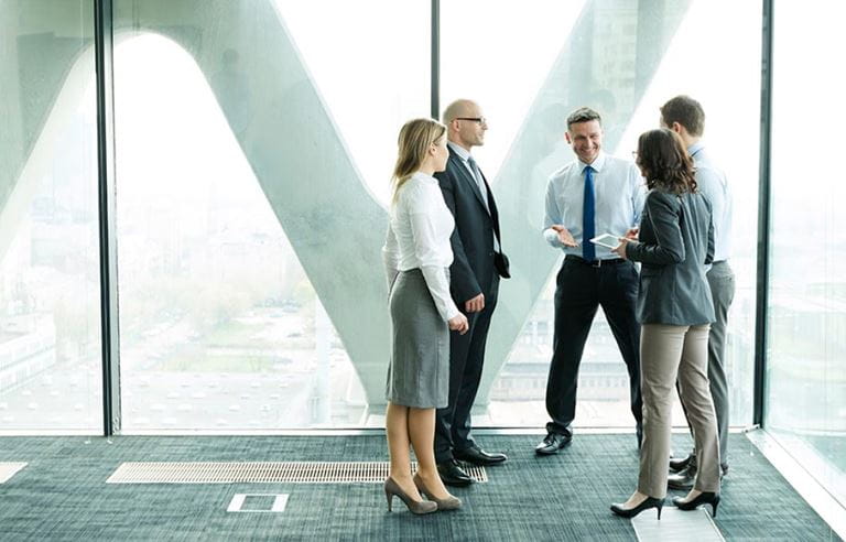 Group of business professionals in conversation.