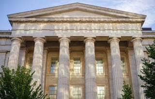 Facade of U.S. government building.
