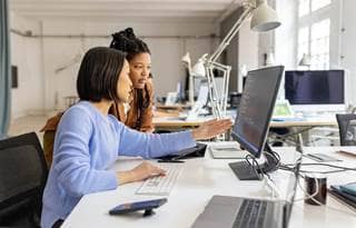 Two technology professionals looking at their computer.