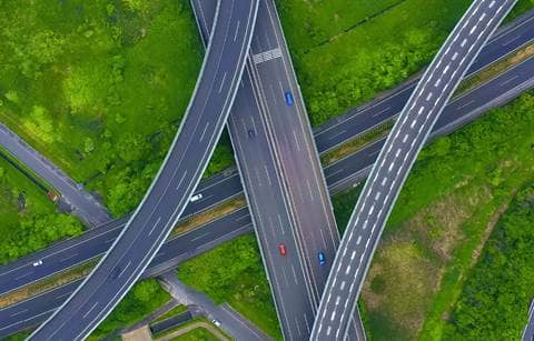 Aerial view of intersecting highways.