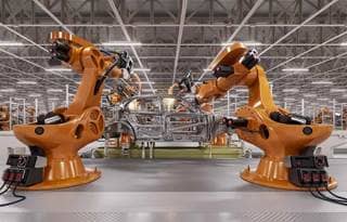 Two machines manufacturing an automobile in a factory.