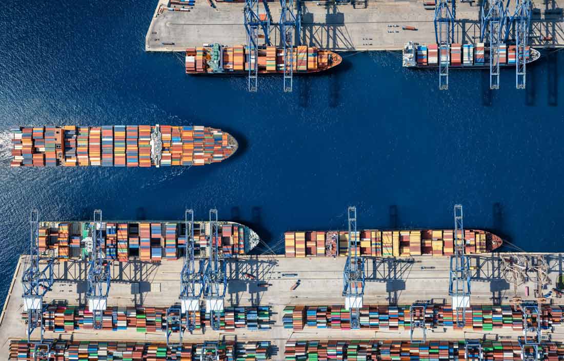 Aerial view of shipping containers.
